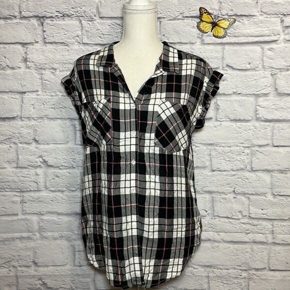 JACHS Girlfriend Capped Sleeve Plaid Shirt Size Small - Picture 2 of 10